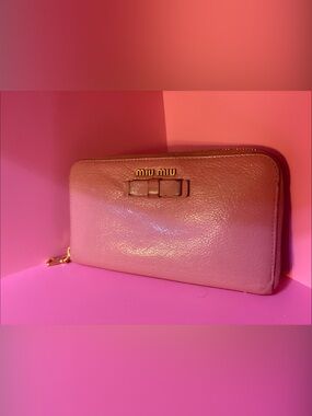 Miu Miu Pink Leather Zip-Around Wallet with Bow and Gold Logo
